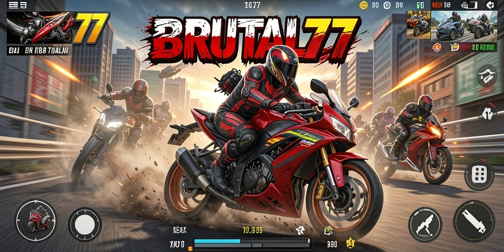 Tampilan gameplay mendebarkan dari BRUTAL77 saat balapan berlangsung.