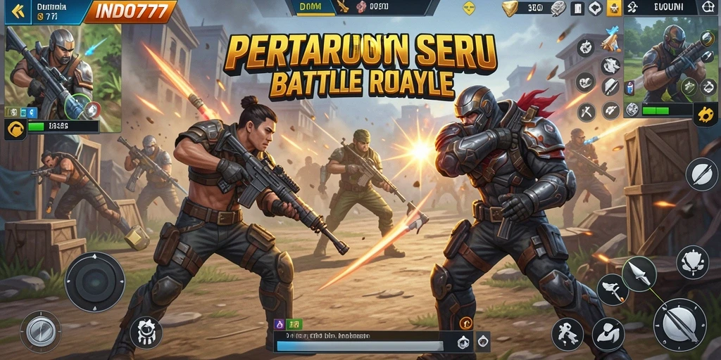 Gameplay intens di arena Battle Royale dengan berbagai senjata.