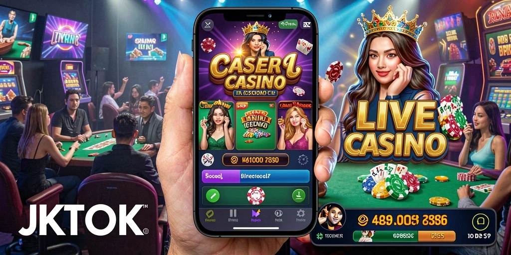 Screenshot utama JKTOK menampilkan dealer profesional saat memainkan permainan Live Casino.
