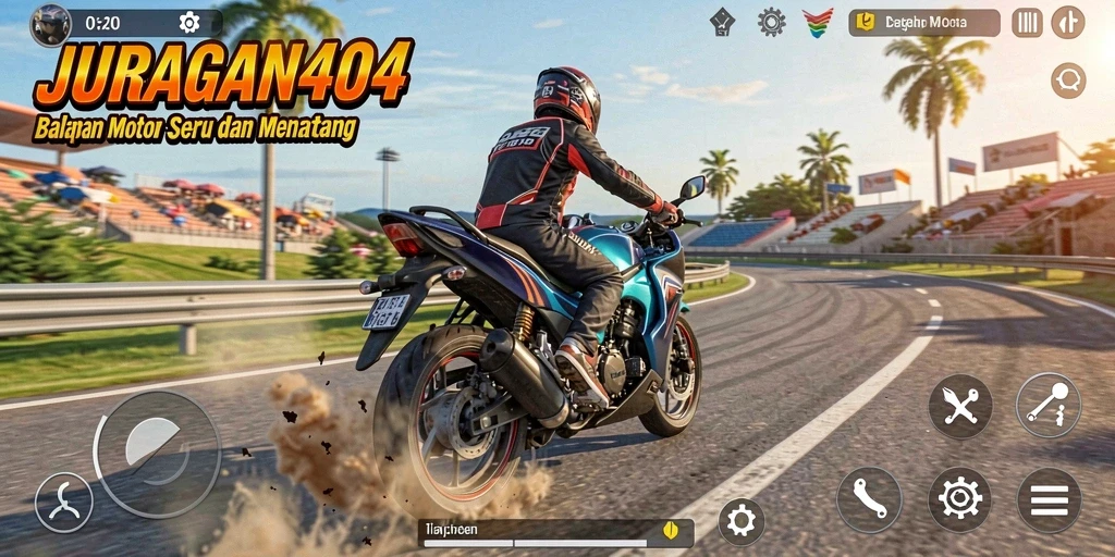 Tampilan gameplay seru dari JURAGAN404 saat balapan motor.