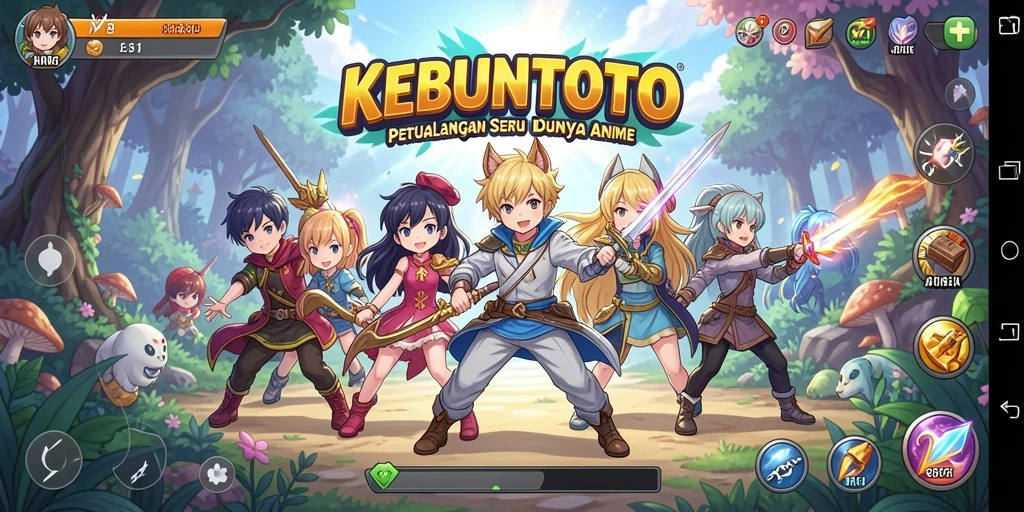 Screenshot gameplay KEBUNTOTO menampilkan pertarungan seru dengan karakter anime.