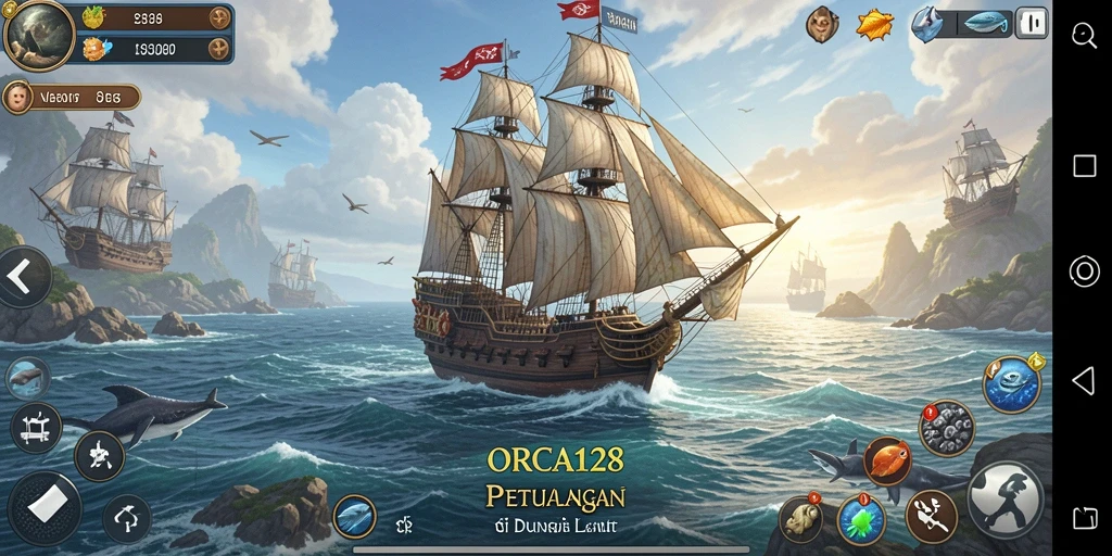 Tangkapan layar ORCA128 menampilkan aksi pertempuran kapal laut.