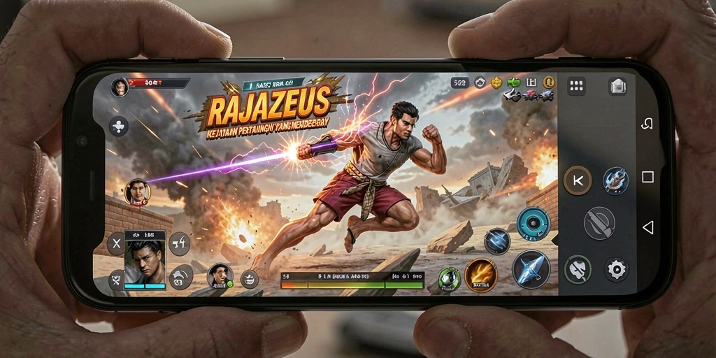 Screenshot utama RAJAZEUS menampilkan aksi pertarungan yang dinamis dan grafis yang menawan.