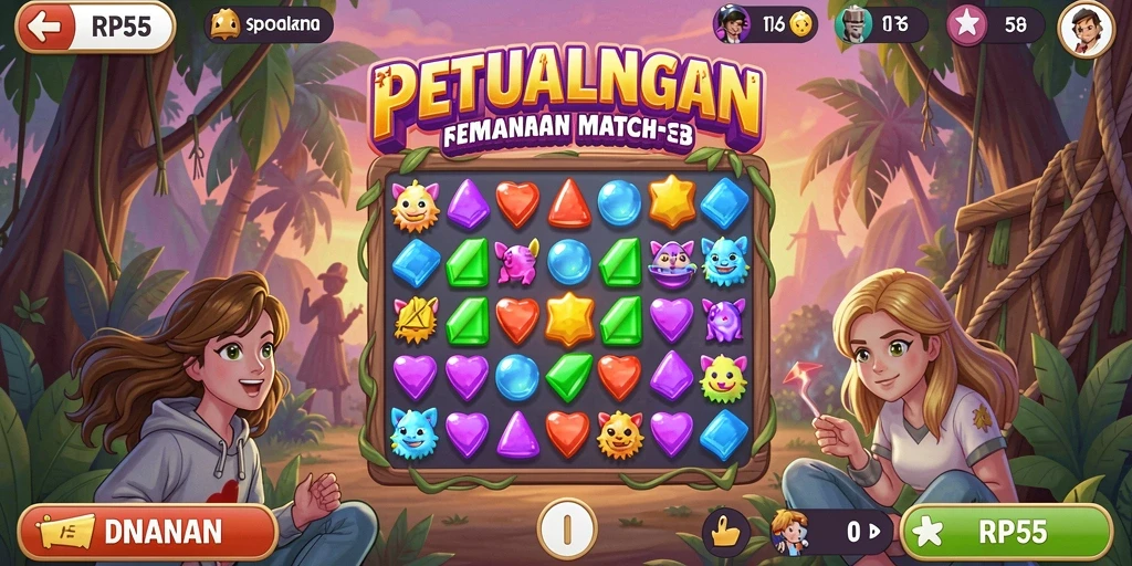 Tampilan gameplay <strong>RP55</strong> dengan permata berwarna-warni dan tantangan seru.