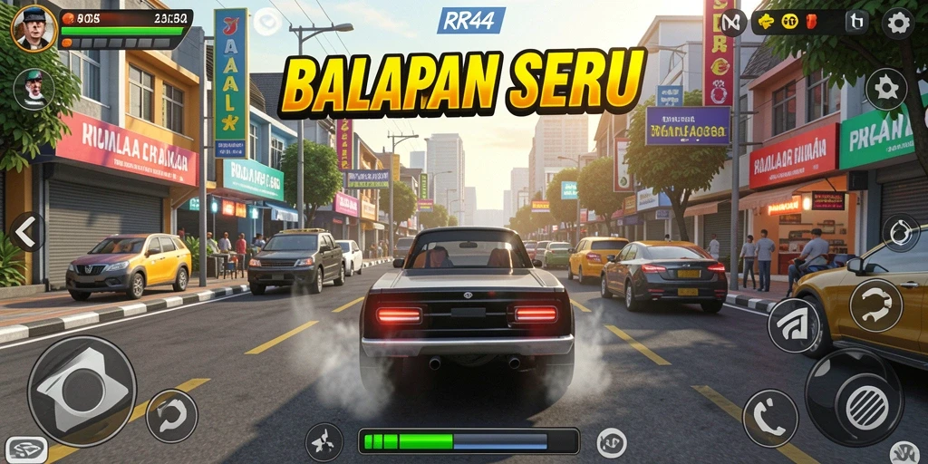 Screenshot gameplay RR44 menunjukkan balapan mendebarkan di jalanan.