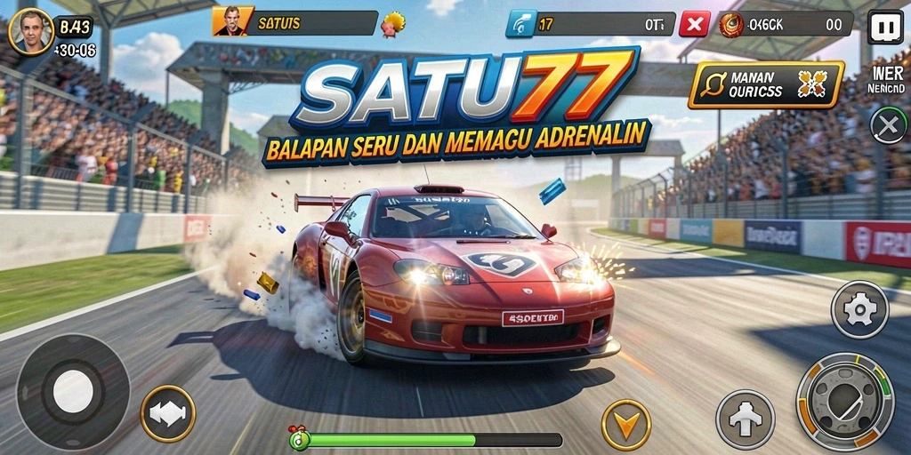 Screenshot menunjukkan aksi balapan yang mendebarkan dalam SATU77.