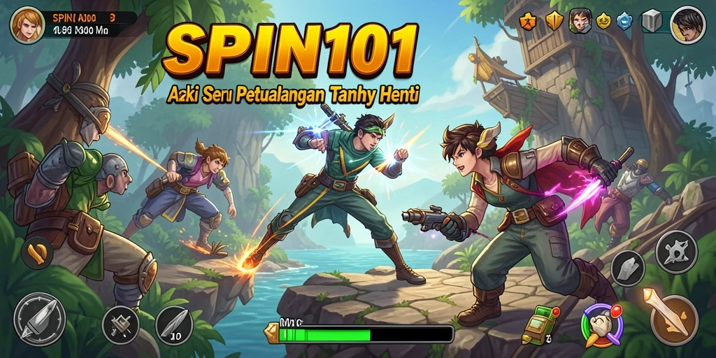 Screenshot SPIN101 menampilkan aksi seru dengan karakter berperang.