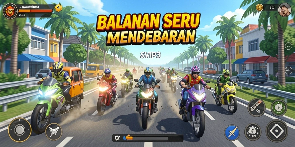 Screenshot gameplay SVIP3 menunjukkan mobil balap di trek yang menantang.